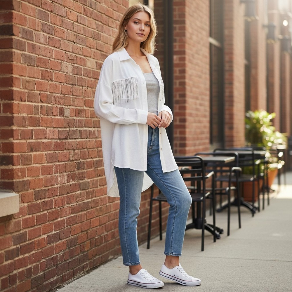 Shein White Fringe Embellished Long Sleeve‎ Button Down Shirt